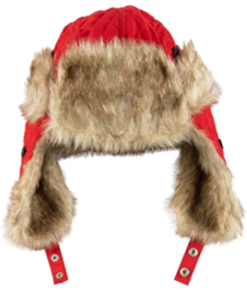 Gorro de trampero rojo y marrón.